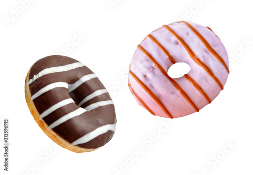 Fresh sweet donuts in motion with chocolate, cocoa, cream, strawberry fruit glaze. Fast sweet food concept, bakery ad design elements with glazed frosted falling doughnuts isolated, white background