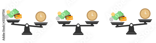 Money and Time balance an imbalance of scales. Clock and money symbols on scale. Set of Scales. Time is Money Business Concept. 