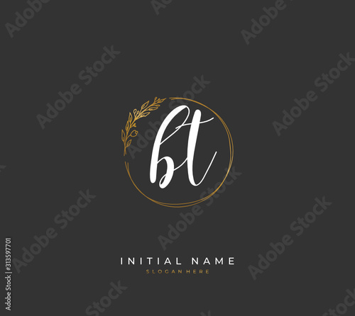 Handwritten initial letter B T BT for identity and logo. Vector logo template with handwriting and signature style.