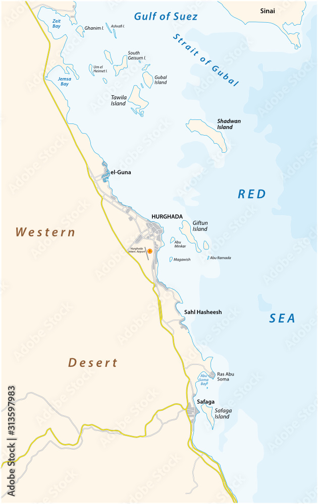 Map of the region around the Egyptian coastal city of Hurghada on the Red Sea