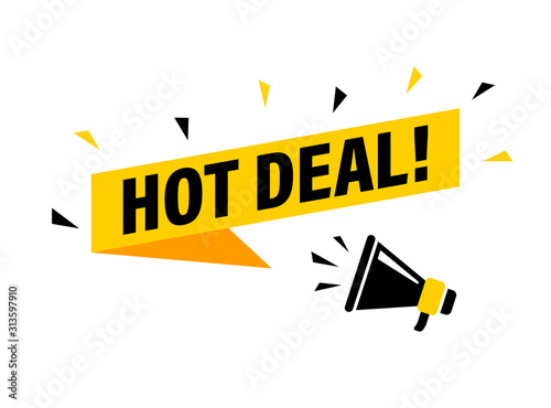 Male hand holding megaphone with hot deal speech bubble. Loudspeaker. Banner for business, marketing and advertising. Vector illustration.