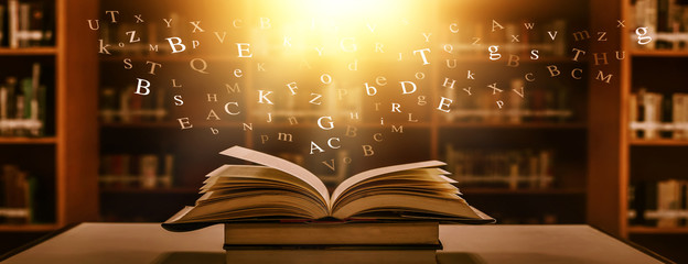 	 The concept of education by planting a tree of knowledge in the opening of an old book in the library and the magical magic of light that flies to the destination of success. Beautiful background