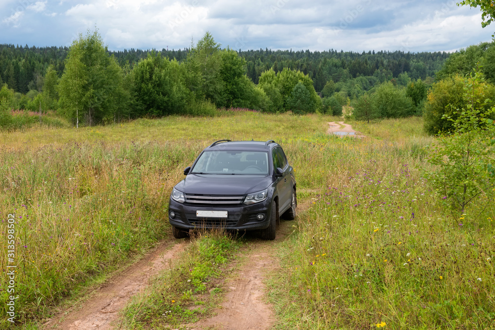 A car stands in a rut on a field overgrown with grass on a summer day A car stands in a rut on a field overgrown with grass on a summer day