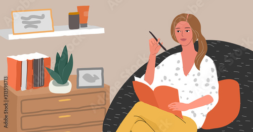 Psychologist woman advises with psychological problems, psychotherapy, mental disorder. Consultant sitting in armchair in scandinavian home interior. Caroon vector