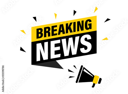 Male hand holding megaphone with Breaking news speech bubble. Loudspeaker. Banner for business, marketing and advertising. Vector illustration.