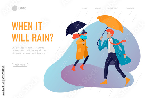 Landing page template for weather forecast. Various stylish people character go on street under umbrellas in warm clothes. Autumn rainy weather. Colored trendy cartoon vector