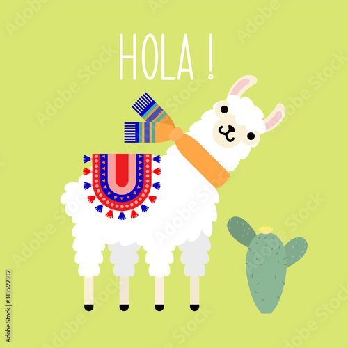 Cute cartoon llama alpaca with cactus vector graphic design. Llama character illustration for nursery design, poster, greeting, birthday card, baby shower design and party decor