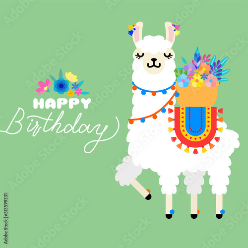 Cute llama alpaca with colorful spring flowers. Llama character illustration for nursery design, poster, greeting, birthday card, baby shower design and party decor