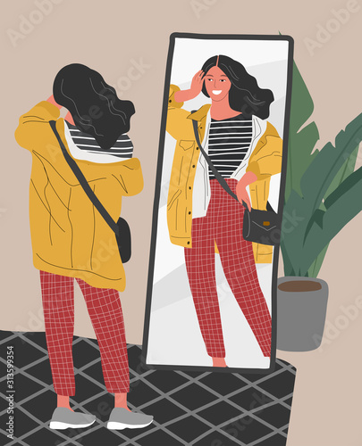 Cute young woman in casual trendy clothes looking at mirror in scandinavian interior. Concept of Feminine Self confidence, love and acceptance yourself. Attractive girl character reflection