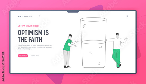 Optimist and Pessimist Website Landing Page. Men Stand at Water Glass Discussing if it is Half Full or Empty