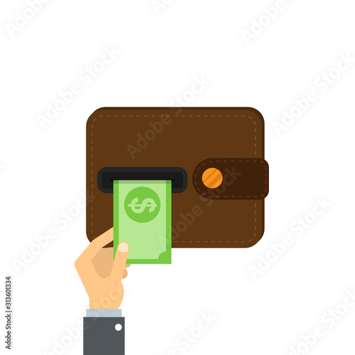 Wallet with money in hand. Business concept. Illustration of the issuance and storage of money. ATM Wallet. Wallet with cash. Online payment concept. Vector