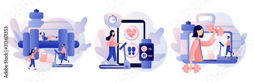 Fitness blog and Workout app concept. Tiny people are sport training. Active lifestyle and fitness training. Modern flat cartoon style. Vector illustration on white background