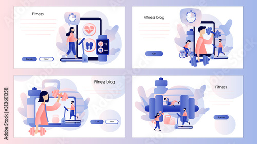 Fitness blog and Workout app concept. Sport. Screen template for mobile smart phone, landing page, template, ui, web, mobile app, poster, banner, flyer. Modern flat cartoon style. Vector illustration