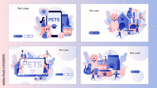 Pets care. Pet shop. Tiny people and Pets Concept. Screen template for mobile smart phone, landing page, template, ui, web, mobile app, poster, banner, flyer. Modern flat cartoon style. Vector 