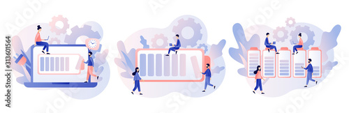 Battery charge. Tiny Users, battery performance and long life battery. Modern flat cartoon style. Vector illustration on white background