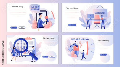 We are Hiring. Recruitment and headhunting agency. Jobs. Screen template for mobile smart phone, landing page, template, ui, web, mobile app, poster, banner, flyer. Modern flat cartoon style. Vector 