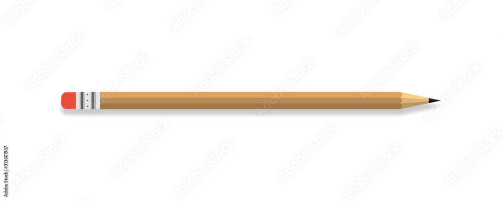 Pencil vector icon. Pencil with Red Rubber, isolated on White background. Wooden Pencil with rubber eraser in modern simple flat design. Panorama view. Vector Pencil vector icon. Pencil with Red Rubber, isolated on White background. Wooden Pencil with rubber eraser in modern simple flat design. Panorama view. Vector