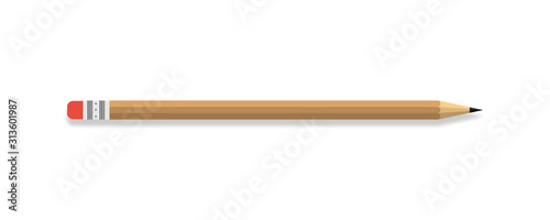 Pencil vector icon. Pencil with Red Rubber, isolated on White background. Wooden Pencil with rubber eraser in modern simple flat design. Panorama view. Vector
