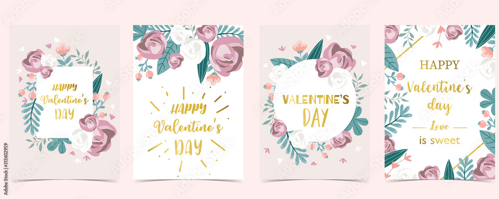 Collection of love background set with leaves,flower,rose.Editable vector illustration for Valentine’s day invitation,postcard and website banner