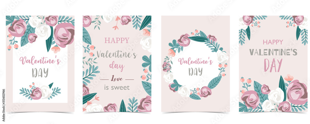 Collection of love background set with leaves,flower,rose.Editable vector illustration for Valentine’s day invitation,postcard and website banner