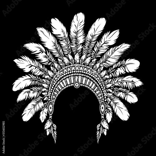 Illustration of indian feathers traditional hat. Native american tribal chief hand drawn headdress