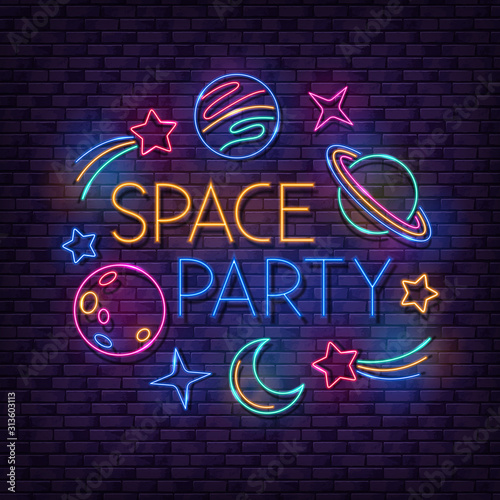 Party colorful signboard with space neon symbols. Glowing planets, moon, comets and stars on brick wall background