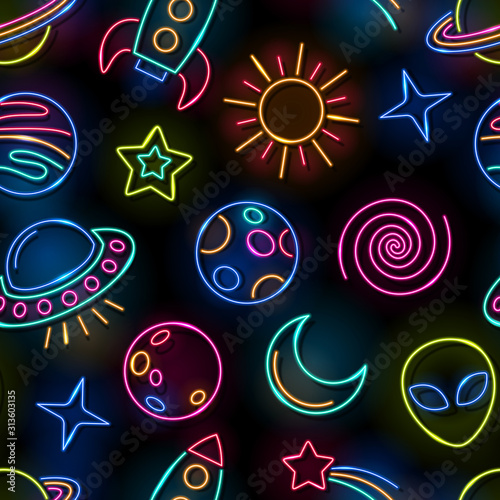 Seamless space neon lamps pattern. Glowing rocket, planets, alien, sun, moon, comet and stars on black background