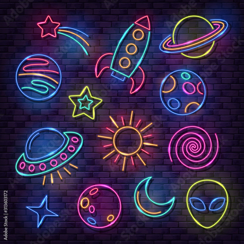 Set of space neon lamp icons. Glowing rocket, planets, alien, sun, moon, comet and stars on brick wall background