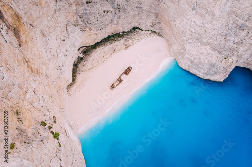 Navagio Bay Shipwreck Beach without people, top down view, Greece, Zakynthos