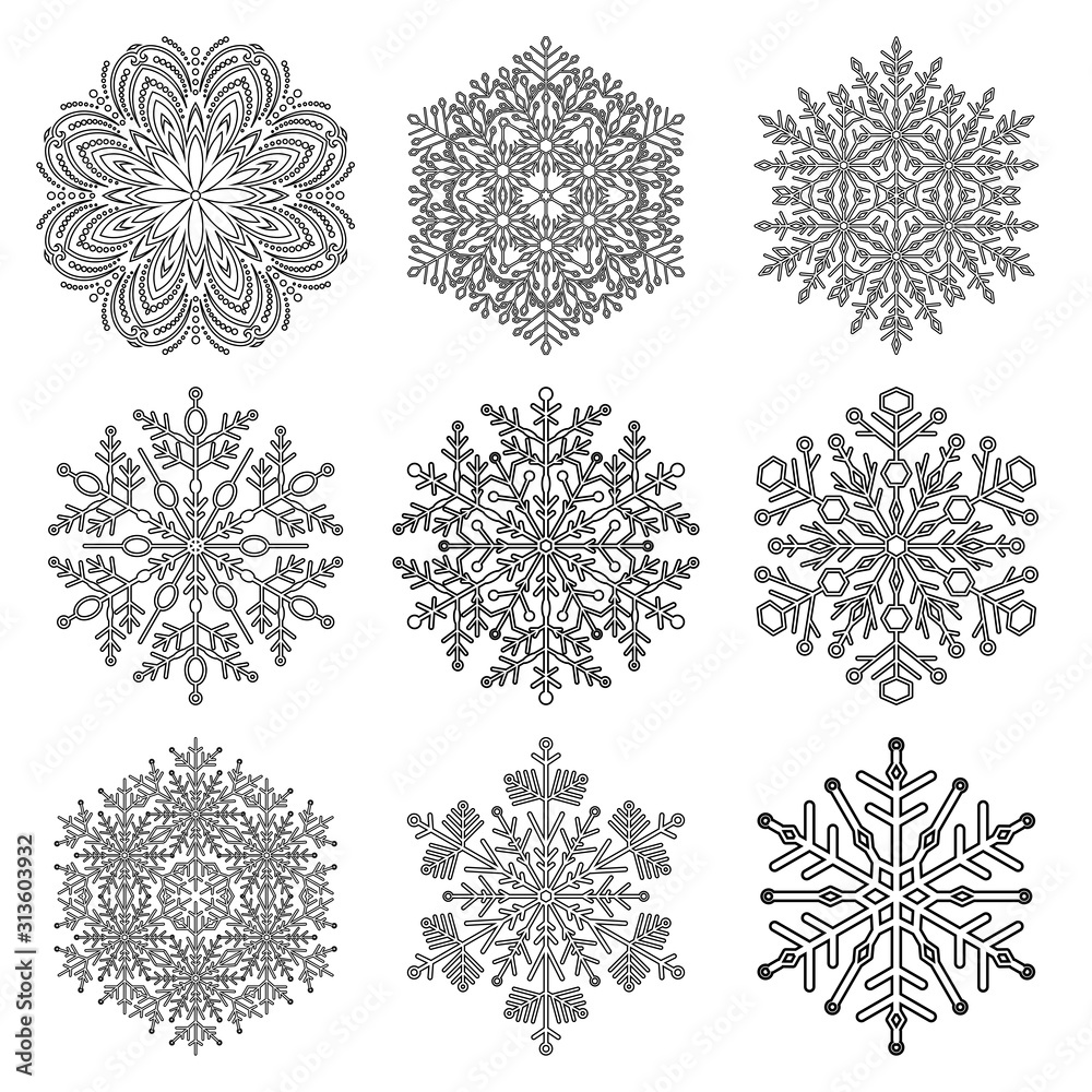 Set of snowflakes. Black and white winter ornaments. Snowflakes collection. Snowflakes for backgrounds and designs Set of snowflakes. Black and white winter ornaments. Snowflakes collection. Snowflakes for backgrounds and designs