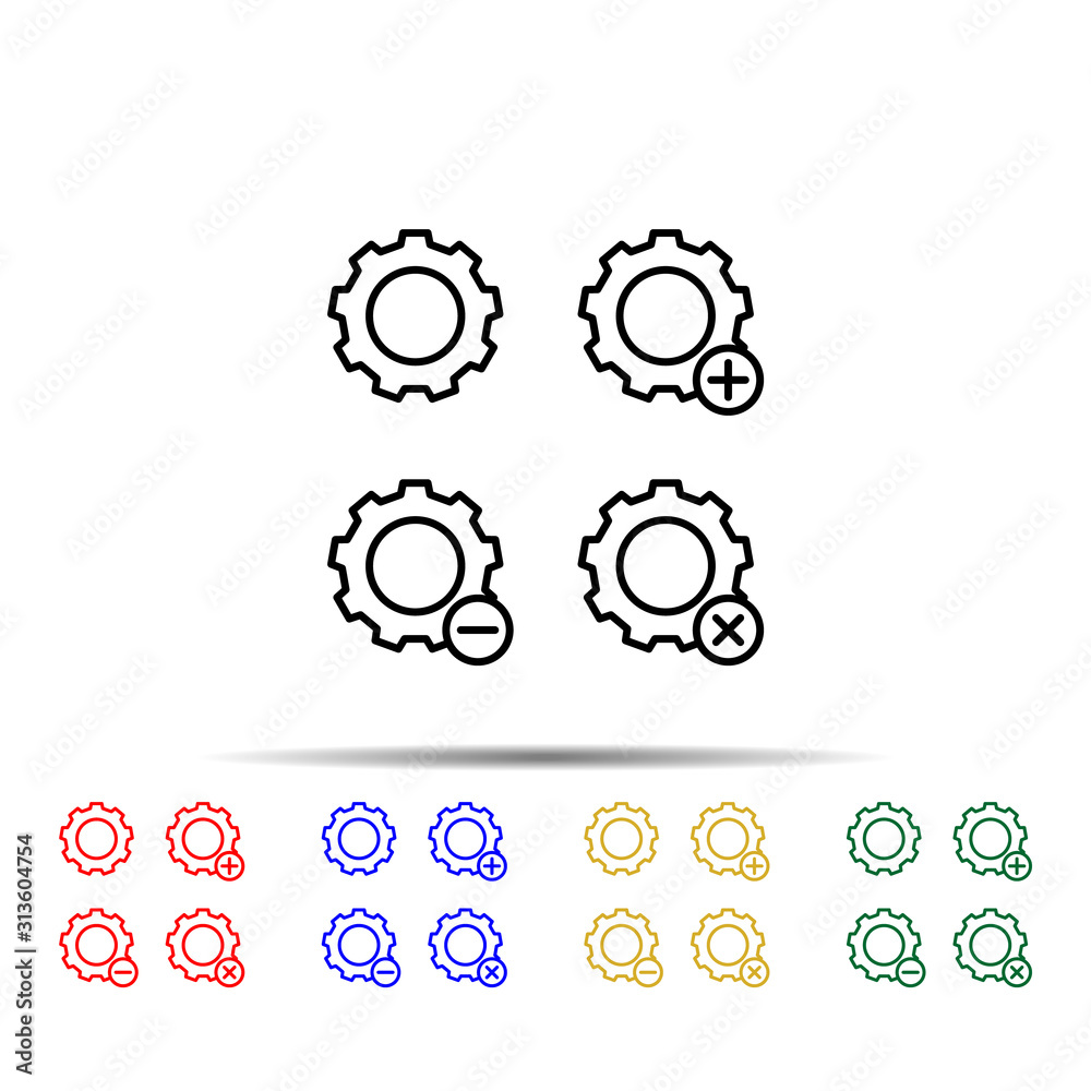 gear, plus, remove, minus sign multi color style icon. Simple thin line, outline vector of web icons for ui and ux, website or mobile application gear, plus, remove, minus sign multi color style icon. Simple thin line, outline vector of web icons for ui and ux, website or mobile application