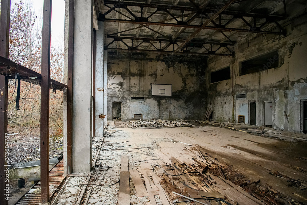 Abandoned Gym in ghost town Prypiat in Chornobyl exclusion zone. Pripyat, Ukraine, December 2019
