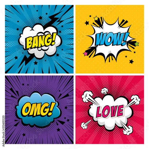 set of expressions style pop art vector illustration design
