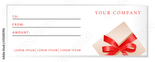 Luxury gift voucher template, gift box with ribbon and place for text. Elegant template for holiday gift card, coupon and certificate. Flat style. Vector illustration