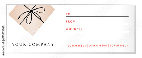 Luxury gift voucher template, gift box with ribbon and place for text. Elegant template for holiday gift card, coupon and certificate. Flat style. Vector illustration
