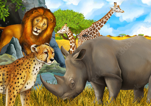 cartoon scene with giraffes rhinoceros rhino and cheetah on the meadow near some mountain safari illustration for children