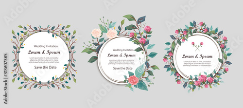 set wedding invitation cards circular with flowers and leafs vector illustration design