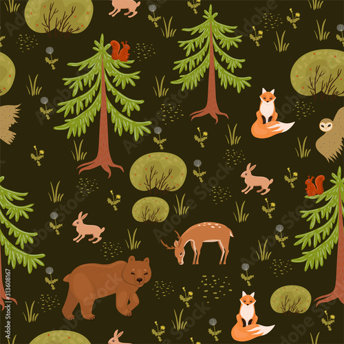 Seamless pattern with animals in the forest. Vector graphics.