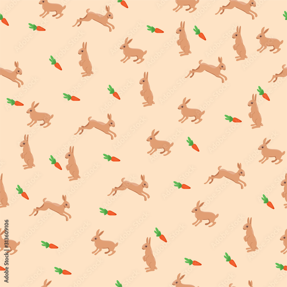 Seamless pattern with rabbits and carrots. Vector graphics.