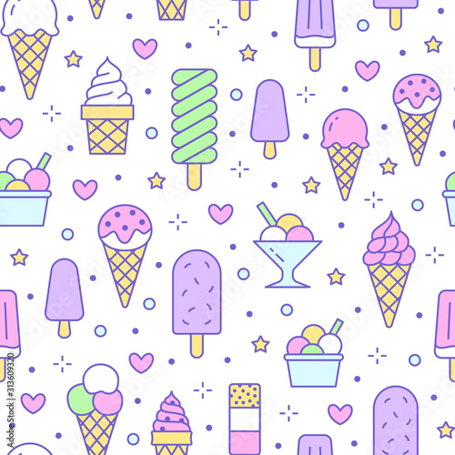 Ice cream background, sweet food seamless pattern. Vanilla icecream, frozen yogurt, popsicle lolly line icons. Summer dessert colorful vector illustration, pink, purple white color