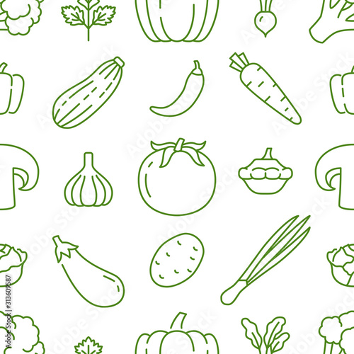 Food background, vegetables seamless pattern. Healthy eating - tomato, garlic, carrot, pepper, broccoli, cucumber line icons. Vegetarian, farm grocery store vector illustration, green white color