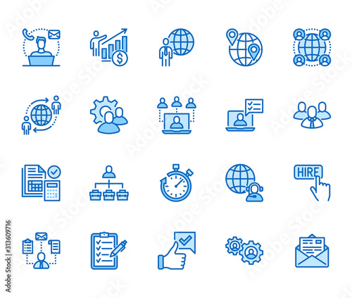 Outsource flat line icons set. Recruitment, partnership, teamwork, freelancer, part and full-time job vector illustrations. Outline pictogram for business. Pixel perfect 64x64. Editable Strokes