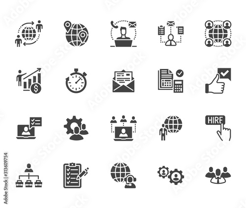 Outsource flat glyph icons set. Recruitment, partnership, teamwork, freelancer, part and full-time job vector illustrations. Black signs for business. Silhouette pictogram pixel perfect 64x64
