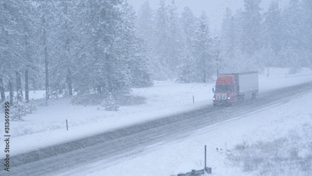 Truck hauls a container across the state of Washington and through a snowstorm. Truck hauls a container across the state of Washington and through a snowstorm.