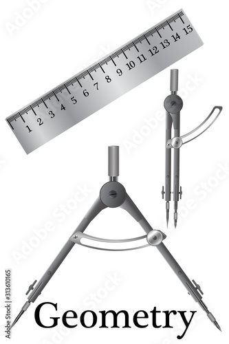 Metal compasses for use in drawing work and geometry lessons, schoolchildren and students in educational institutions. Ruler, compass - student set.