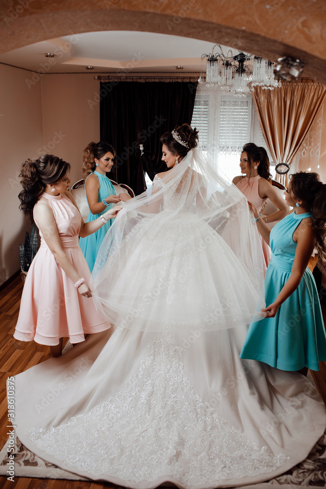 Gorgeous bride with her girlfriends posing in the room. Morning of beautiful bride. Happy girls at their best friend's wedding. Beautiful and elegant bride with bridesmaids. Gorgeous bride with her girlfriends posing in the room. Morning of beautiful bride. Happy girls at their best friend's wedding. Beautiful and elegant bride with bridesmaids.