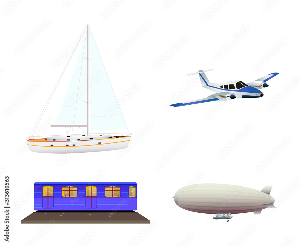 Fototapeta premium Set of icons of transport modes consisting of the yacht, plane, metro, zeppelin isolated on white background. Flat style. Vector illustration