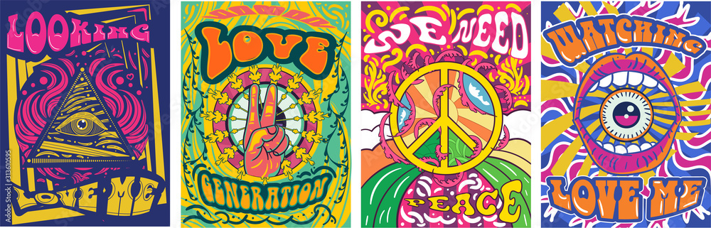 Vibrant colorful We Need Peace design in retro hippie style with peace symbol and text over abstract patterns, vector illustration