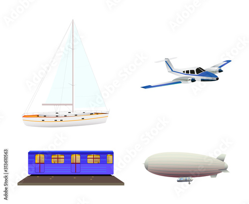 Set of icons of transport modes consisting of the yacht, plane, metro, zeppelin isolated on white background. Flat style. Vector illustration