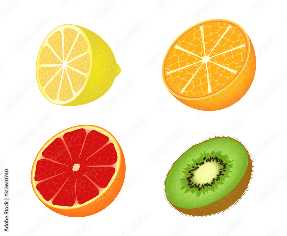 Set icons of fruits consisting of the lemon, orange, grapefruit, kiwi isolated on white background. Flat style. Vector illustration Set icons of fruits consisting of the lemon, orange, grapefruit, kiwi isolated on white background. Flat style. Vector illustration